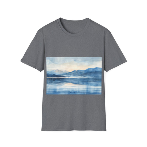 Alaska Bliss Watercolor Tee in Charcoal, Size S for Men/Women.