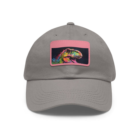 "Neon watercolor Trex baseball cap, white with light brown rectangle patch"