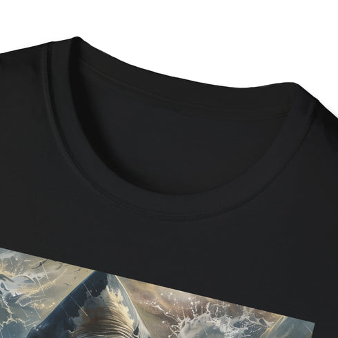Charcoal cotton T-shirt featuring a vibrant Megalodon painting for summer style