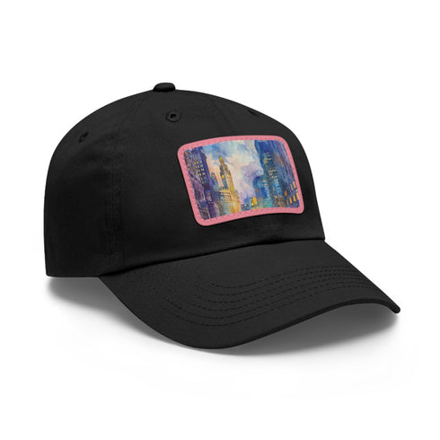 Chicago skyline watercolor hat in white with light brown rectangle patch.