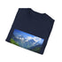 Charcoal cotton T-shirt with majestic peaks and alpine meadows graphic