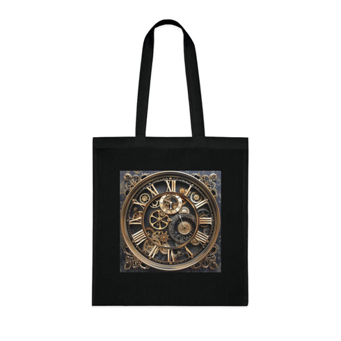 Steampunk clockwork design on black cotton tote bag.