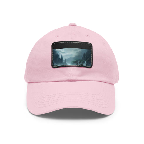 White cotton baseball cap with mystical horizon landscape design.