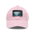 White cotton baseball cap with mystical horizon landscape design.