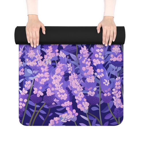 Lavender fields rubber yoga mat with vibrant floral pattern for calming practice.