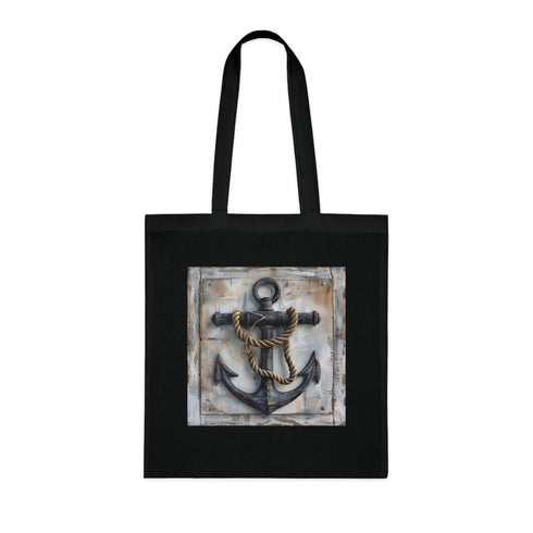 Nautical anchor and rope design black cotton tote bag.