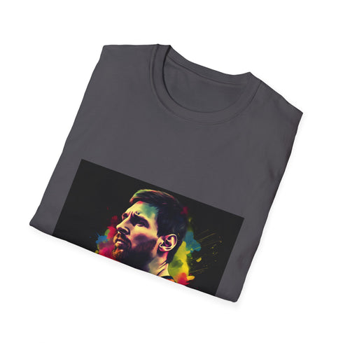 Vibrant charcoal football T-shirt with vivid watercolor and neon Messi design