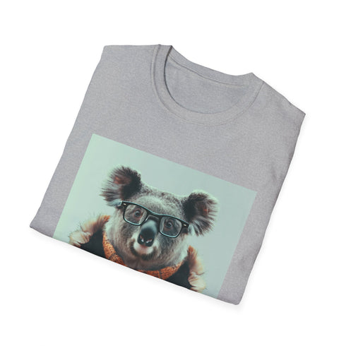 Charcoal cotton T-shirt featuring hipster koala sipping tea on books