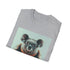 Charcoal cotton T-shirt featuring hipster koala sipping tea on books
