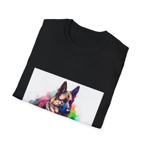 German Shepherd watercolor tee in Charcoal, size S for men and women.