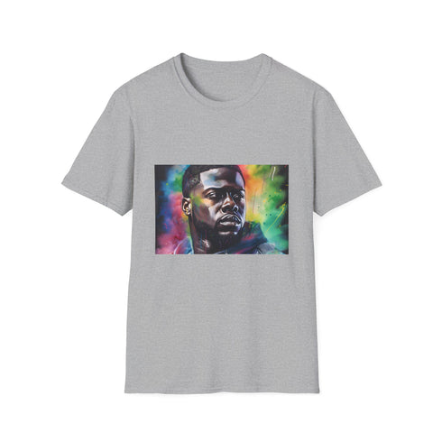 Vibrant charcoal cotton T-shirt with colorful crew neck graphic design