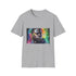 Vibrant charcoal cotton T-shirt with colorful crew neck graphic design