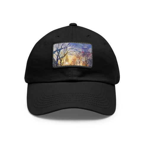 Watercolor Eiffel Tower baseball cap with vibrant Parisian design.