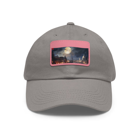 White cotton baseball cap with London skyline patch for urban style lovers.