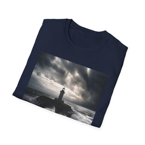 Charcoal cotton crew neck T-shirt featuring resilient lighthouse amidst stormy waves