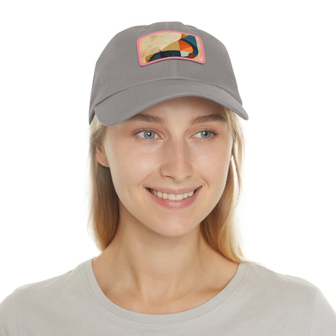 Abstract geometric white baseball cap with light brown rectangle patch.