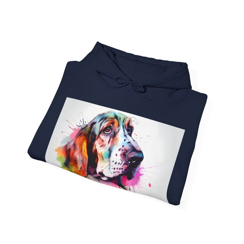 Snuggle-Love Basset Watercolor Hoodie in Navy, size S.