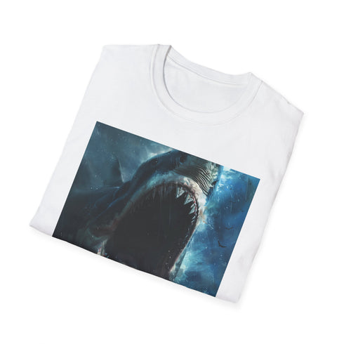 Charcoal cotton crew neck T-shirt featuring bold Jaws shark illustration