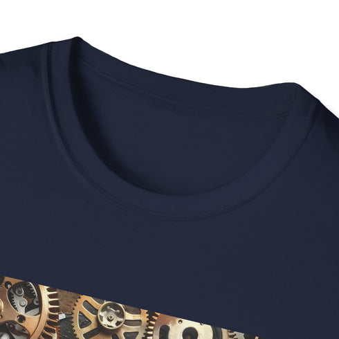 Steampunk symphony navy T-shirt with intricate gears and cogs design.