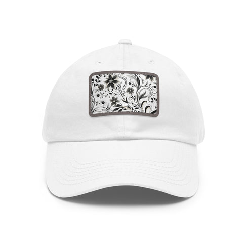 Monochrome baseball cap with repeating pattern design, white patch, rectangle shape.