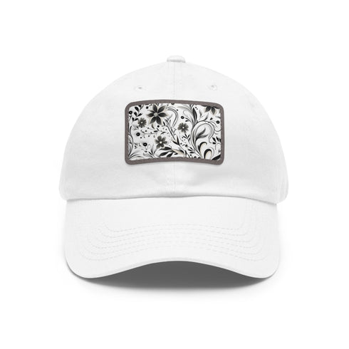 Monochrome baseball hat with repeating pattern design; unisex white variant.