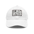 Monochrome baseball cap with repeating pattern design, white patch, rectangle shape.