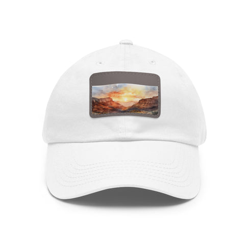 Desert Peaks cotton unisex baseball cap in white with light brown patch.