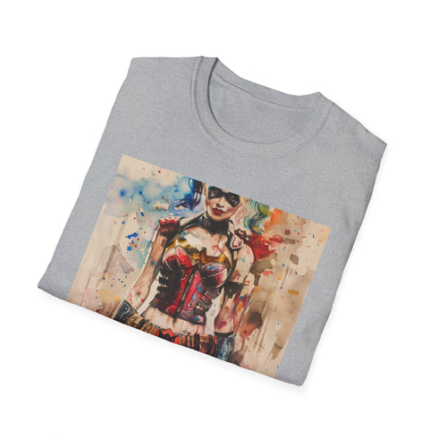 Charcoal crew neck Harley Quinn T-shirt showcasing vibrant iconic villain design