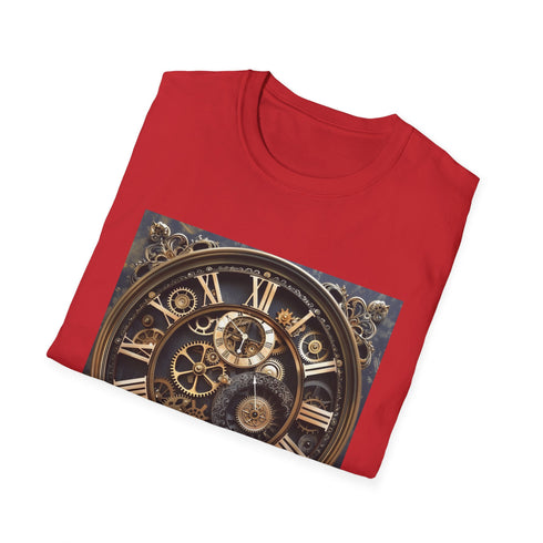 Steampunk design charcoal T-shirt with intricate clockwork gears and cogs.