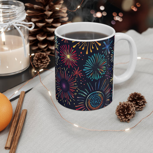 Vibrant fireworks patterned ceramic coffee mug for morning routine celebration.