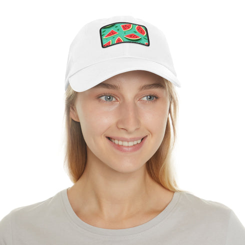 Watermelon print white baseball cap with light brown patch.