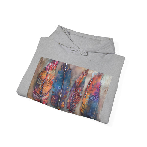 Feather-patterned navy hoodie with untamed bohemian spirit for all genders