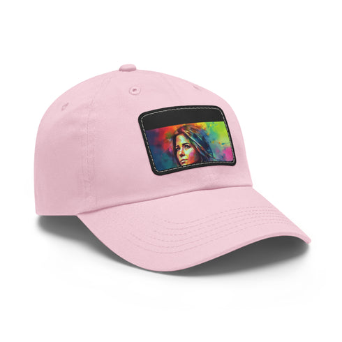 Jennifer Aniston watercolor cap with light brown patch, rectangle shape.
