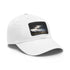 White cotton snapback hat with light brown rectangle patch design.