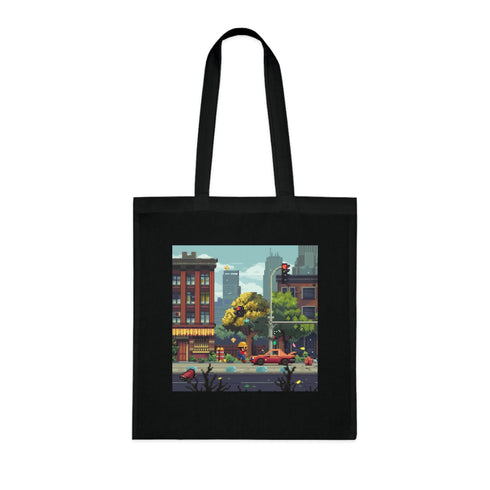 Colorful arcade-themed tote bag inspired by 80s video game pixels.