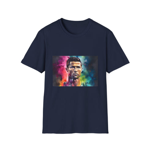 Cotton charcoal T-shirt showcasing vivid neon watercolor football design