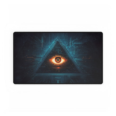 Glowing Eye in Pyramid with Circuit Lines — XL & XXL Desk Mat — Gaming & Workspace Desk Setup View