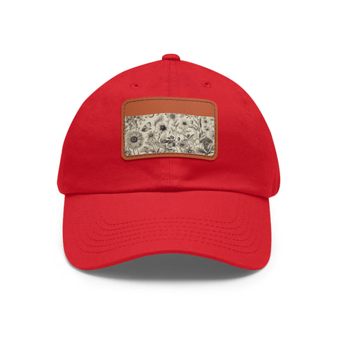 Botanical print white baseball cap with light brown rectangle patch.