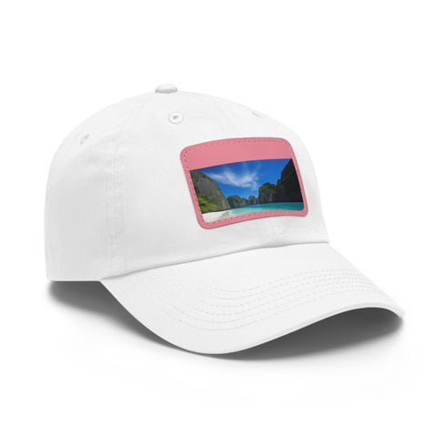 Island Paradise Baseball Cap in white with light brown rectangle patch.