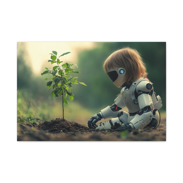 A Robot Child Planting a Real Tree Stretched Canvas Wall Art