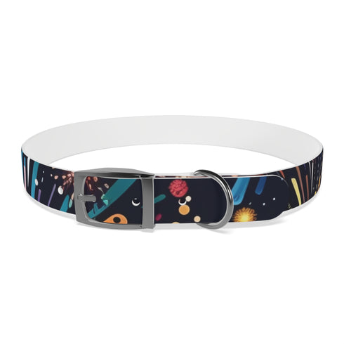 Vibrant M black onyx dog collar with dazzling fireworks pattern.