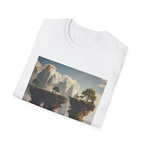 Charcoal cotton crew neck t-shirt with surreal floating islands design