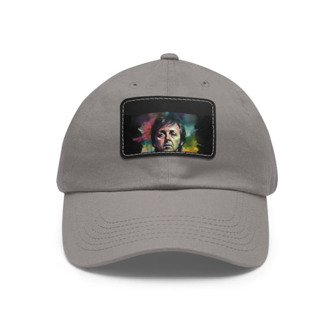 Neon watercolor Paul McCartney baseball cap, white with light brown patch.