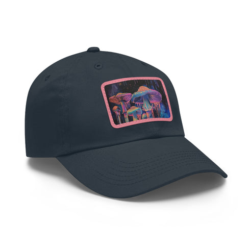 Psychedelic Mushroom Trucker Hat in White with Light Brown Rectangle Patch