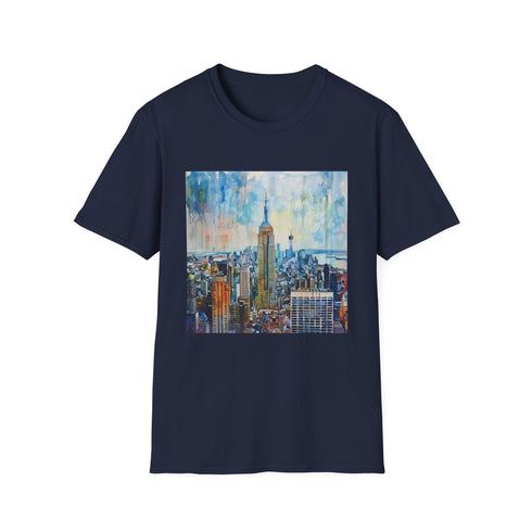 Vibrant watercolor Empire State Building t-shirt in charcoal, size small.