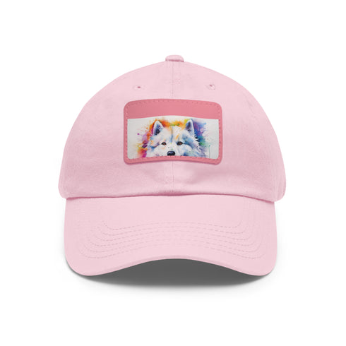 Fluffy Samoyed Snapback hat in white with light brown patch.