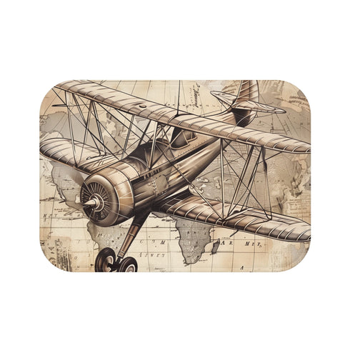 Vintage-inspired airplane bath mat with colorful travel stamps design.