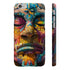 Neon tribal mask phone case, vibrant design in glossy finish.