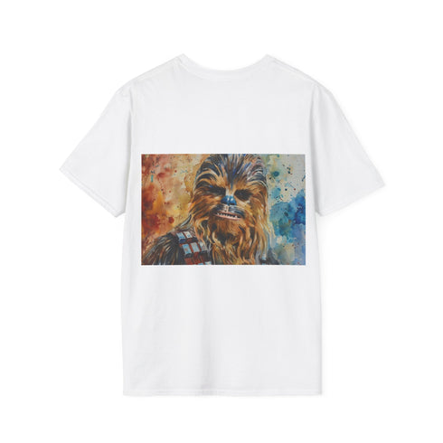 Charcoal cotton crew neck t-shirt with vibrant Chewbacca watercolor design
