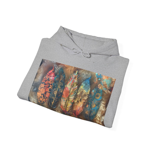 Bohemian feather rhapsody hoodie in navy, regular fit, unisex sizing.